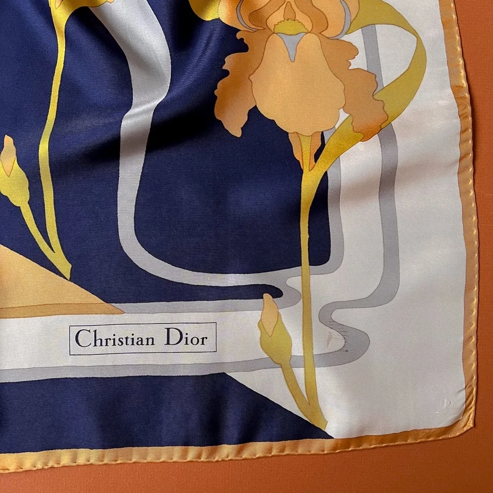 Vintage Christian Dior Silk Scarf With Orange Iris Print - Picture 5 of 10